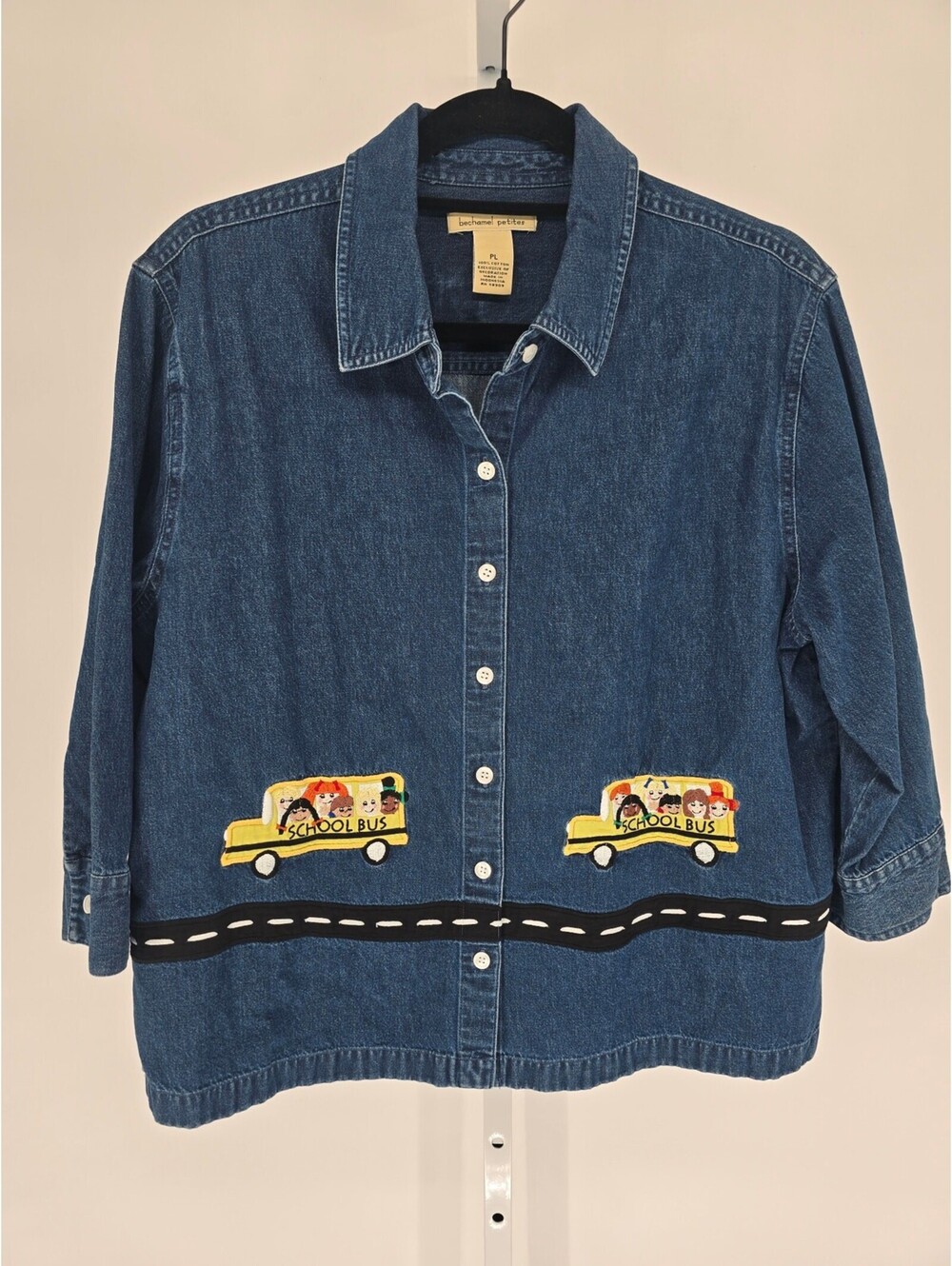 Bechamel Womens Sz PL Petite Button Up Denim Shirt School Bus Teacher Blue